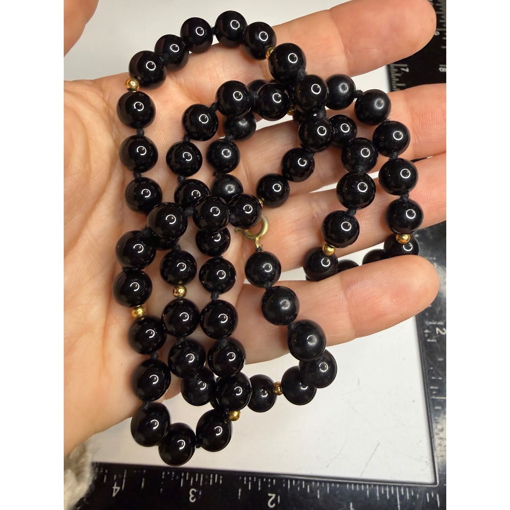 Vintage Hand Knotted Black Bead Necklace Gold Tone Accents 26 Inch Strand